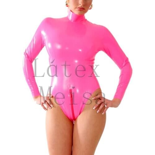 Females 100% natural latex leotard long sleeve tight suit exotic in pink color with back zip to crotch
