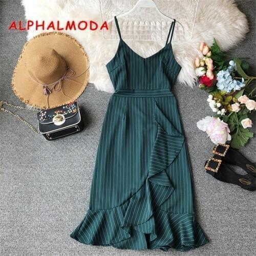 ALPHALMODA Striped Summer Spaghetti Strap Dress Slim Fit Asymmetric Ruffled A-line Women Summer Vestidos