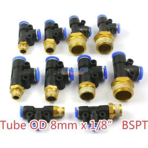 10 Pieces Tube OD 8mm x 1/8" BSPT Male Tee Pneumatic Connector Push In To Connect Fitting One Touch Quick Release Air Fitting