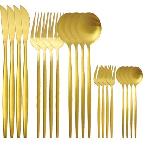 20Pcs/Set Matte Gold Dinnerware Cutlery Set Stainless Steel Tableware Cake Fork Tea Spoon Knife Silverware Kitchen Flatware Set