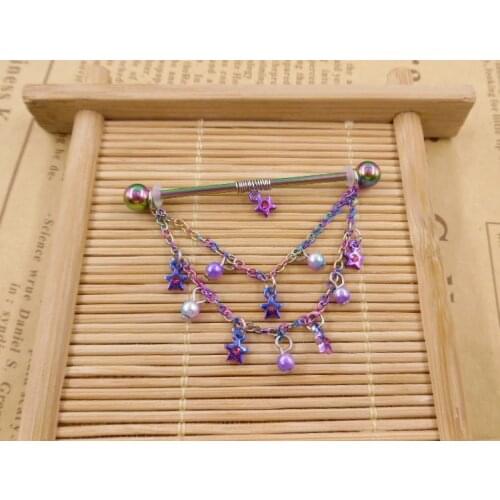 2021 Newest 8 Styles 14G Stainless Steel 14 Gauge Rainbow Moon Bead Triple Chain Dangle Industrial Barbell 38mm