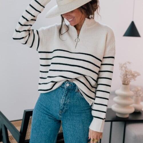 2021 Women Striped Sweater Turtleneck Patchwork Knitting Sweaters Neckline Zippers Female Long Sleeve Casual Chic Pullovers Tops