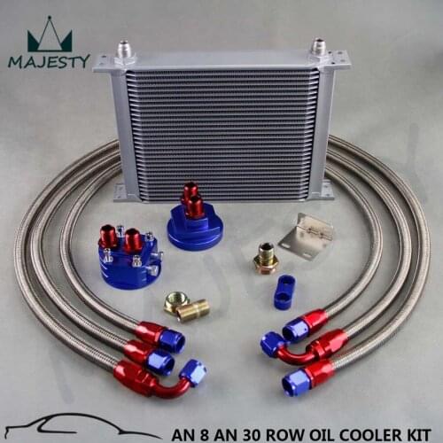30 Row AN-8/AN8 Engine Transmission Oil Cooler kit + Filter Relocation Kit BLUE