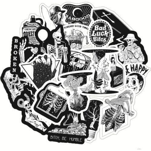 50pcs Black and White Skull PVC ar Stickers Waterproof Trolley Case Stickers Graffiti Trend Stickers