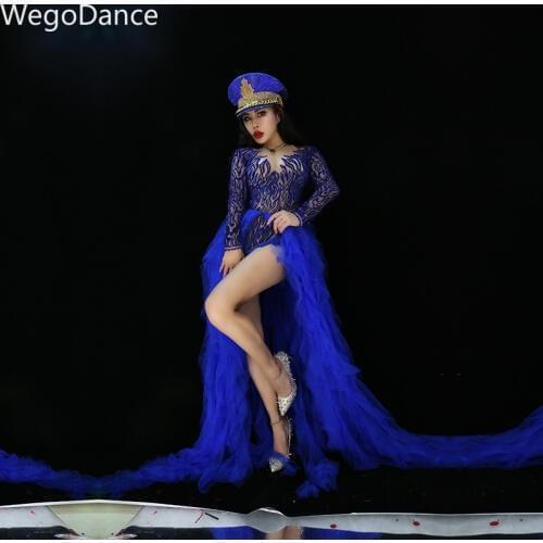 Glisten Rhinestones Bodysuit long sleeve Big Stretch Womens Party romper Bar Stage Female Singer Show blue lace tail skirt