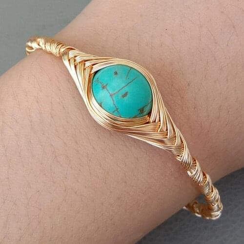 YYGEM Natural Freshwater White Rice Pearl Blue Turquoise Handmade Gold color Bangle Bracelet ethnic style for women