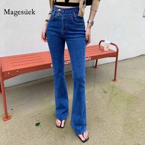 2 Button Micro Horn Burr Jeans Stretch Trousers Skinny Slim Flare Pant Korean Style New High Waist Washed Side Denim Jeans 11569
