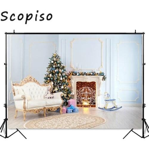 Scopiso Photography backdrop christmas fireplace photo background blue wall sofa christmas tree background for photo studio