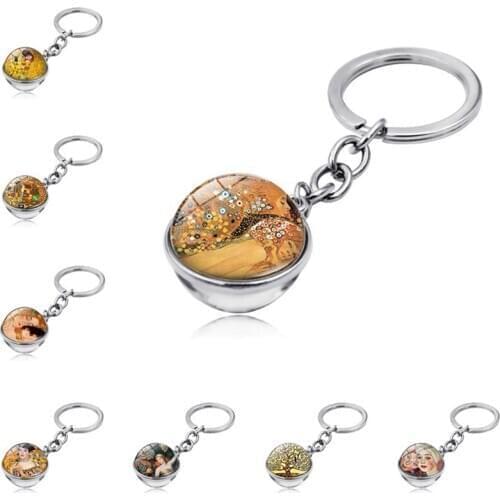 Gustav Klimt The Kiss Pendant Keychain Geometry Double Side Glass Ball Car Key Ring Holder for Unisex Gift