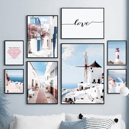 Aegean Sea Santorini Scenery Lighthous Nature Art Canvas Painting Wall Pictures For Living Room Decor Nordic Posters And Prints