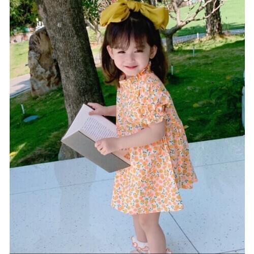 Little Girls Summer Dress, Cute Short Puff Sleeve Ruffle Collar Floral Print Loose Dress