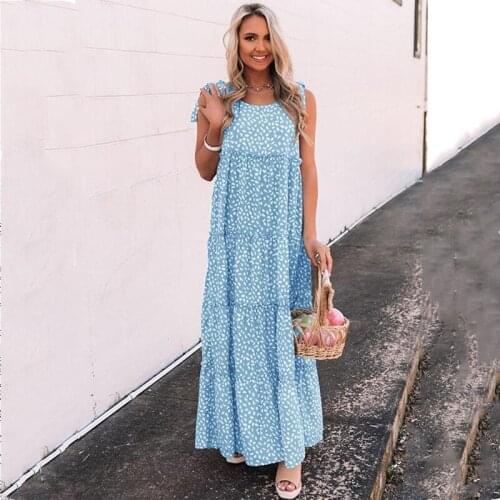 Summer Dress Women Boho Ruffle Stitching Sleeveless Maxi Dress For Women Sexy Lace-Up Dot Stitching Dresses Robes Femme Vestidos