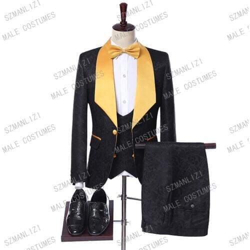 Men Suits For Wedding 2019 Designers Paisley Black Gold Tuxedo Formal Christmas Suit Men Suits With Pants Costume Homme Mariage