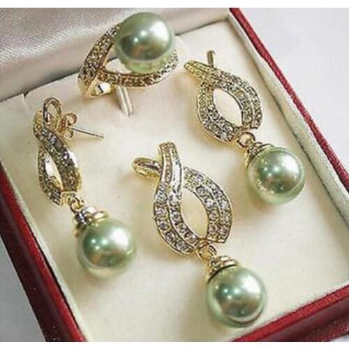 Natural 12mm Green Shell Pearl Pendant Necklace Earrings Ring Sets
