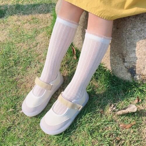 2021 Summer New Childrens Knee Socks For Girl Straight Mesh Breathable Lace Glass Wool Anti-Mosquito Children Womens Socks