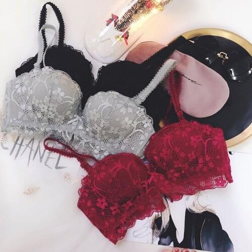 New 4 colors Underwear Set Women Bra Push Up Brassiere Cotton Thin red Gather Sexy Bra Panties Sets Embroidery Lace Lingerie Set