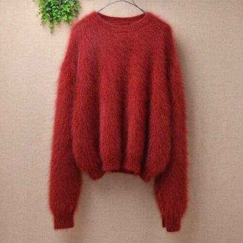 Pull femme women hairy plush short style mink cashmere knitted long sleeves loose pullover angora fur cropped jumper sweater top