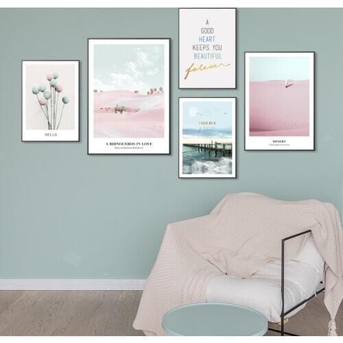 Nordic Landscape Pink Desert And Beach Rhinoceros Animal Balloon Text Decorative Painting Canvas Wall Picture Poster Living Room