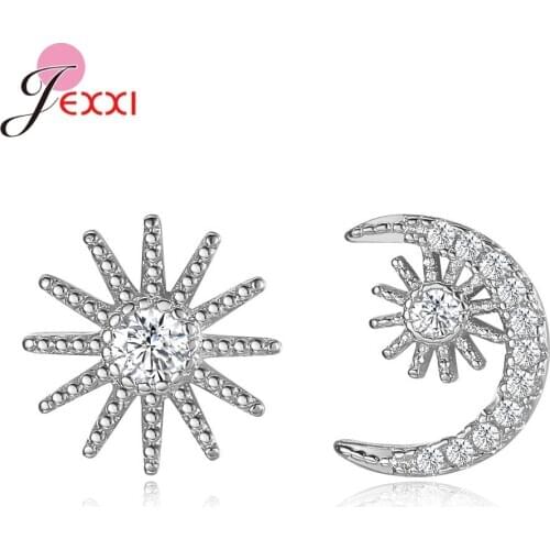 2 Colors Option Asymmetry Moon Star Pattern Stud Earring For Women Real 925 Sterling Silver Shining Ear Stud Fashion Jewelry