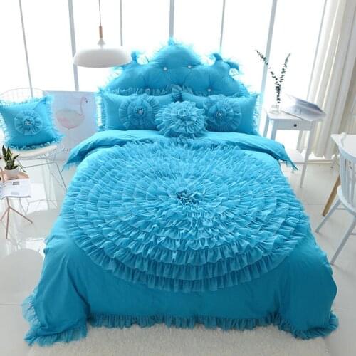 Blue Lace Flower Bedding Sets King Queen 4pcs Princess Duvet cover Set Girl Solid Color Bedclothes Bed Skirt Pillowcases Cotton