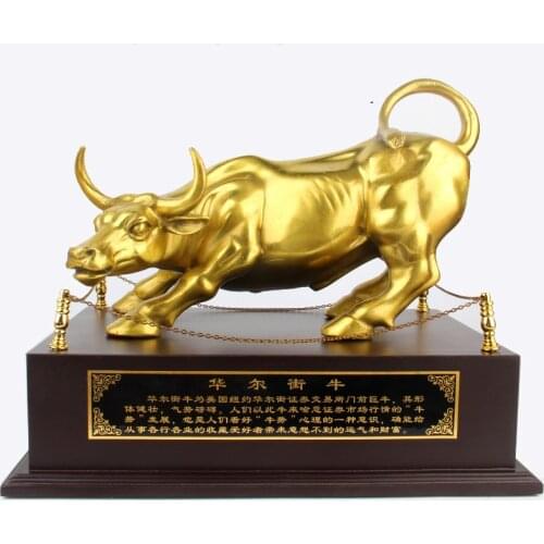 Golden Brass Charging Stock Market Bull Figurine Wall Street Bull Ox Statue Feng Shui Scuplture Home Office Decor