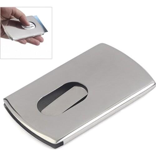 Business Card Holder Women Vogue Thumb Slide Out Stainless Steel Pocket ID Credit Card Holder Case Men J2Y