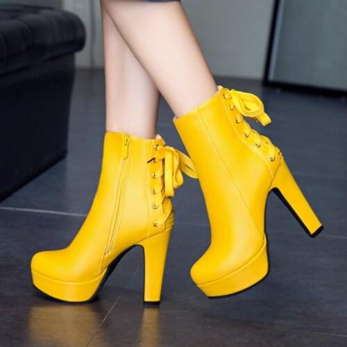 Fashion Ankle Boots For Women 2021 Lace Up Winter Boots Women Platform High Heel White Yellow Ankle Boots Shoes Lady Large Size