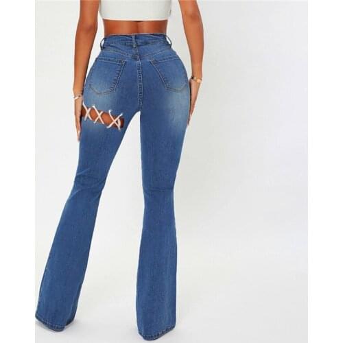 Creative Lace Flare Jeans Women High Waist Ripped Streetwear Blue Denim Trouser Flared Pants Lady Denim Boot Cut Pants Fall 2021