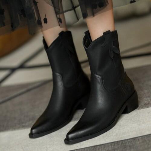 Ladies Fashion Western Boots Spring Autumn Slip on Loose Mid Calf Boots Winter Leather Comfortable Square High Heel Women Shoes