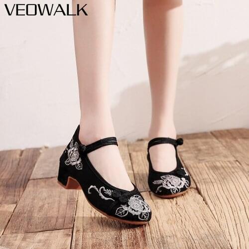 Veowalk Flower Embroidered Women Soft Jacquard Cotton 4cm Block Heel Pumps Ankle Strap Elegant Ladies Comfortable Walking Shoes