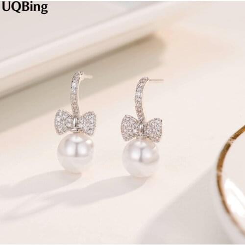 2019 New Design 925 Sterling Silver Cubic Zirconia Bowknot Earrings Pearl Earrings For Women Free Shipping Brincos