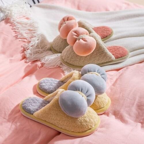 Women Winter Bow Fur Slippers Fashion Soft Warm Slip On Flat Plush Shoes Ladies Indoor Cute Home Slippers Bedroom Floor Shoes