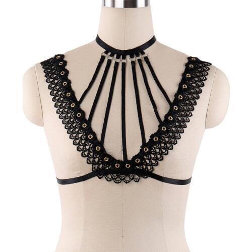 Women Lace Cage Bra Rave Wear Body Harness Harajuku Gothic Bondage Lingerie Flowers Cage Goth Fetish China Thing Harness Bra