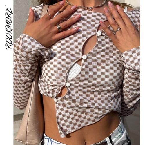 Rockmore Plaid Print Crop Top Women Streetwear Long Sleeve T Shirt Female Y2k Aesthetic Sexy Button Up Tee Asymmetry T-Shirt 90s