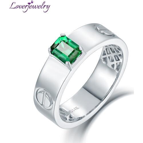 LOVERJEWELRY Emerald Ring Solid 14Kt White Gold Colombia Emereld Mens Rings Loving Jewelry For Father Birthday Wholesale Gift