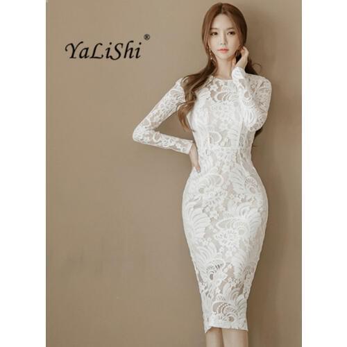 2021 Spring Women Dress Office Sexy Long Sleeve Bandage Bodycon Dress White Pencil Lace Dress Vintage Party Dresses Vestidos