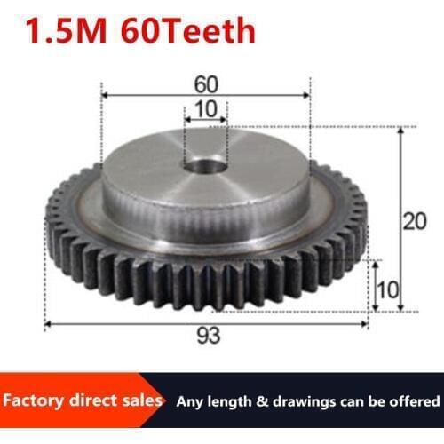 1pcs 1.5Modulus=1.5M 60Teeth Spur Gear with stage Metal Motor Boss/Convex Gear Inner Hole 10mm Gear Rack Transmission