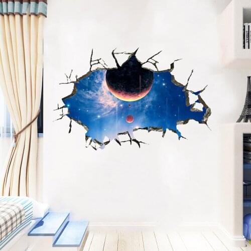 3d Planet Space Night Wall Stickers For Home Decor Broken Hole Mural Art Diy Kids Room Wall Decals
