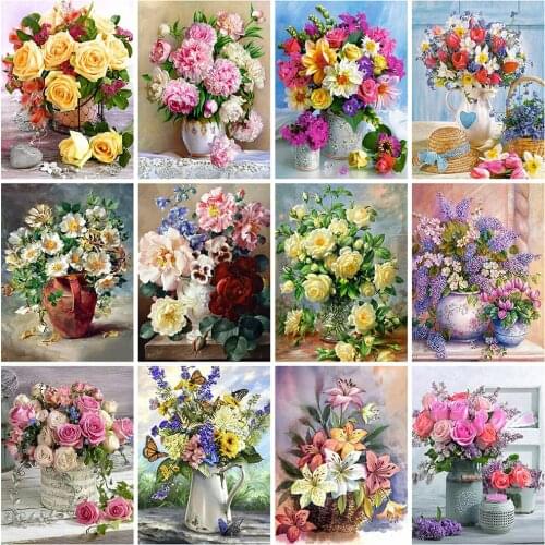 HUACAN 5d Diamond Painting Flower DIY Diamond Embroidery Cross Stitch Vase Mosaic Peony Wall Art Decor For Home