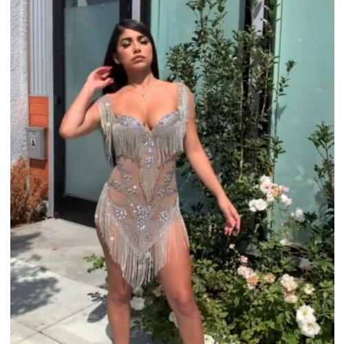 Sparkly Silver Rhinestone Fringes Transparent Bodysuit Women Prom Party Birthday Celebrate Outfit Singer Dancer Stage Wear