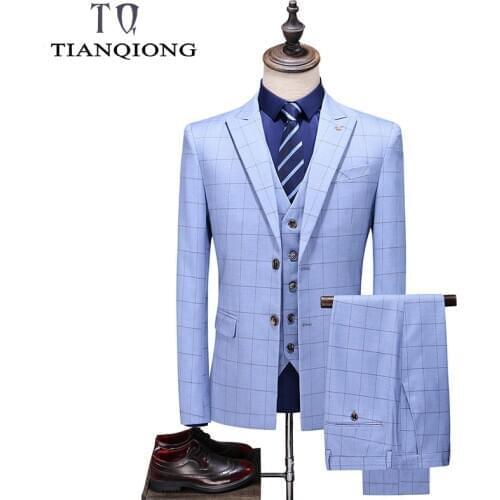 TIAN QIONG Elegant 3 Piece Men Plaid Suits Blue Check Suit Design for Men High Quality Mens Wedding Suits Blazers with Pants