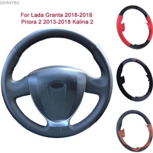 GERAYBU Custom DIY Black Leather Hand-sewn Car Steering Wheel Cover For Lada Granta 2018-2019 Priora 2 2013-2018 Kalina 2