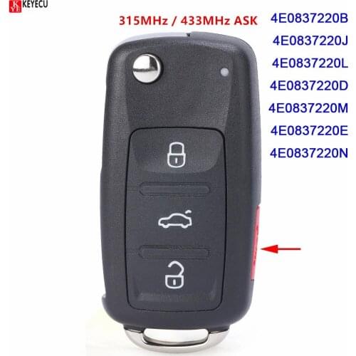 KEYECU for Audi A8 S8 2003 2004 2005 2006 2007 2008 2009 Remote Key Fob 4E0837220B/J/L/D/M/E/N ID46 Chip 315MHz / 433MHz ASK