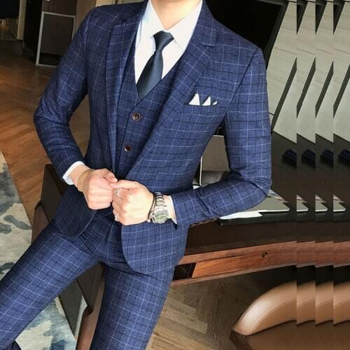 3 Pieces 2020 Suits Men British New Style Designs black Mens Suit Autumn Winter Thick Slim Fit Plaid Wedding Dress Tuxedos