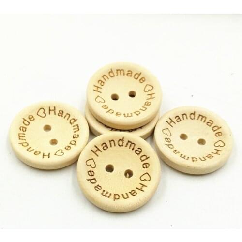 200pcs 15mm Natural Wood Round Buttons Engraving "handmade" Sewing 2 Holes Button Embellishments Scrapbook Crafts