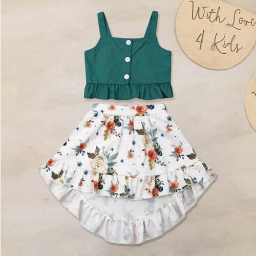 Summer Holiday Toddler Baby Girl Kid Outfit Clothes Set Sleeveless Green Tops Tank+Floral Skirt Beach Sets 1-5Y