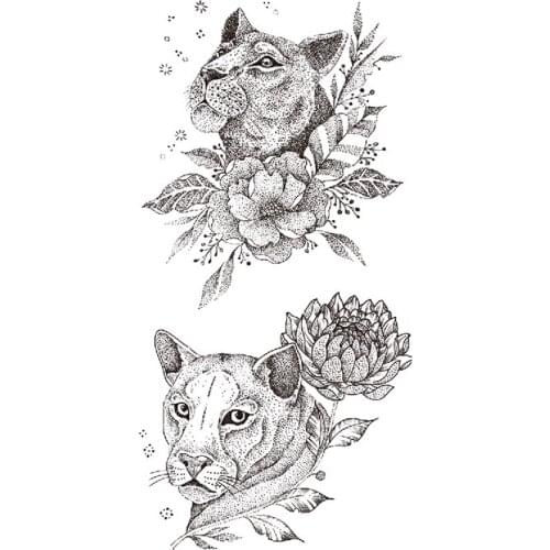 Lion Wolf Animal Temporary Tattoo Sticker Black Chrysanthemum Lotus Fake Tattoos Waterproof Tatoos Arm Large Size for Women Girl