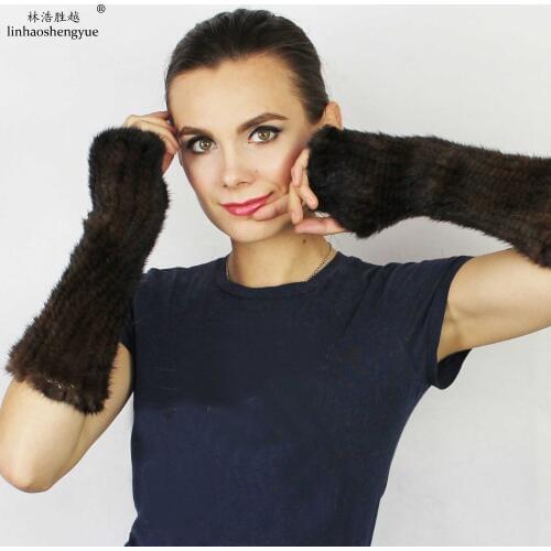 Linhaoshengyue Fashion Women Real Mink Fur Glove 30cm Glove