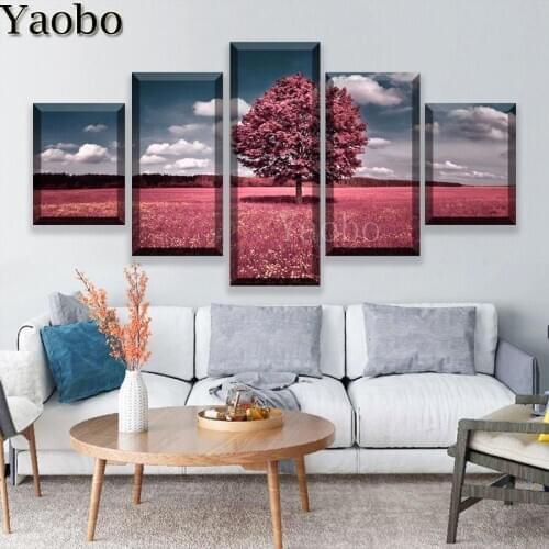 Pink Tree Art Scenery 5 plane diamond painting modern home decor Multi-pictures Wall Art diamond mosaic full square round drill