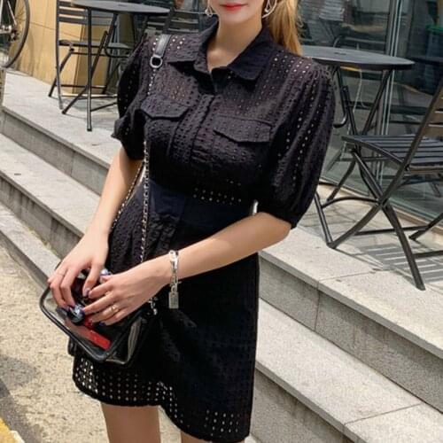 New arrival fashion sexy hollow out mini party dress women elegant summer puff sleeve cotton temperament casual a-line dress